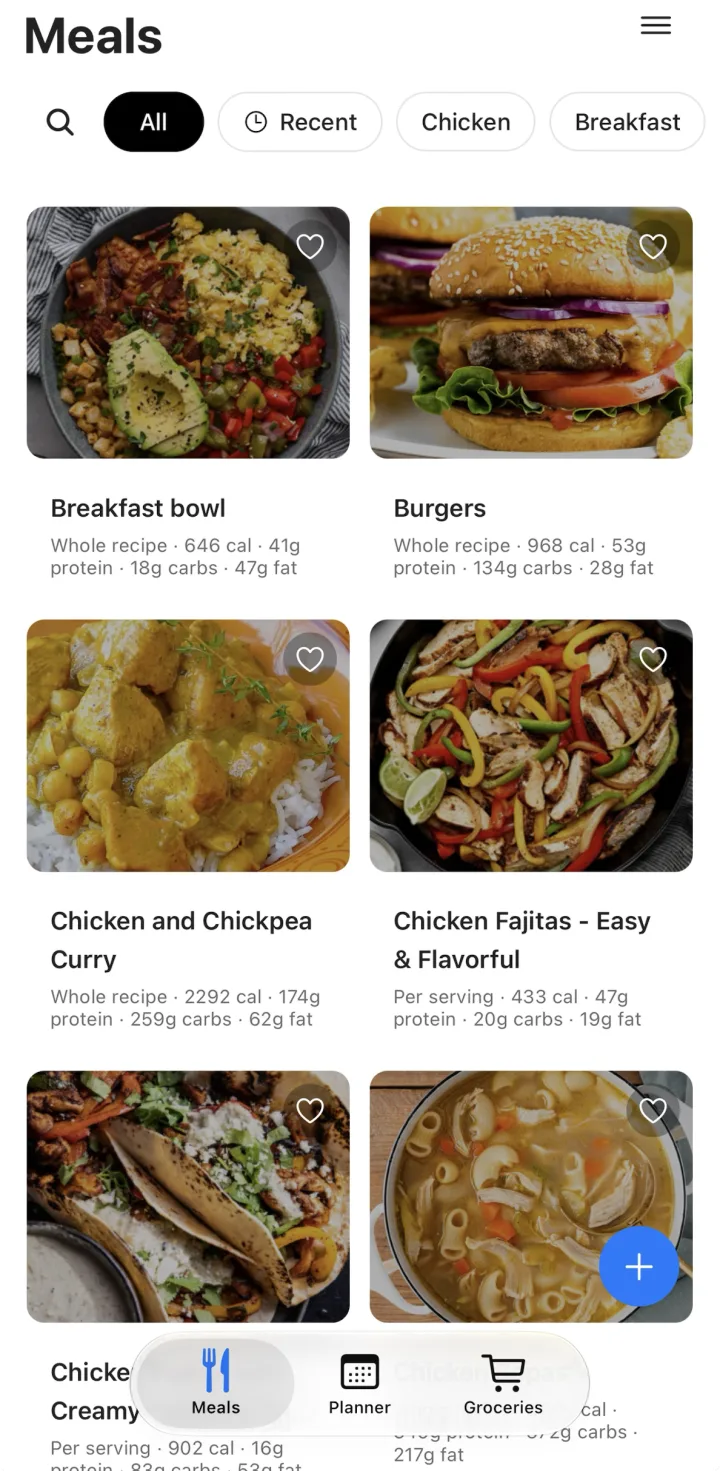 The meal library: a grid of saved recipes with photos, filtered by tags like Chicken and Breakfast