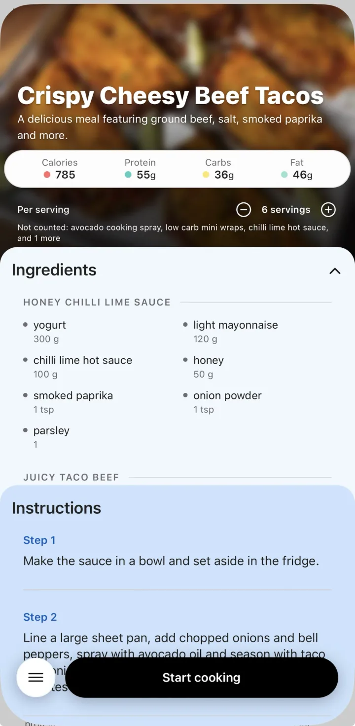 An imported recipe for Crispy Cheesy Beef Tacos with calories, protein, carbs and fat per serving, ingredients and step-by-step instructions